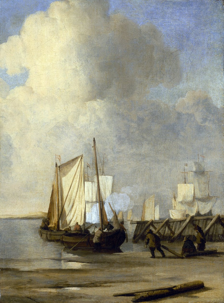 Un Kaag en la orilla, embarcación holandesa utilizada para la navegación por vías navegables interiores. Óleo sobre lienzo de Willem van de Velde the Younger