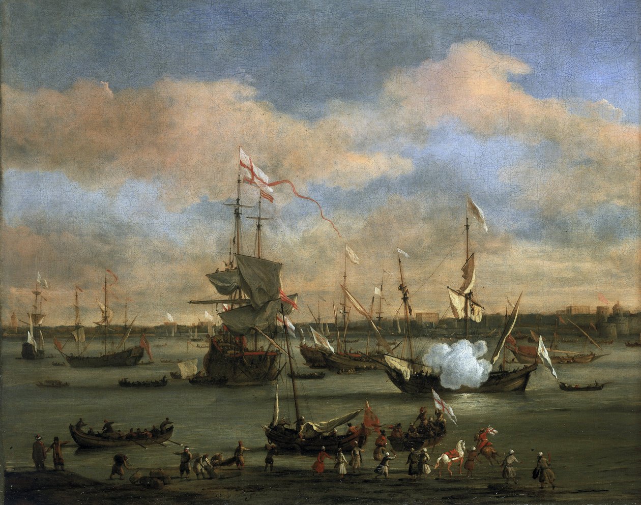Buque mercante británico en un puerto del mar Mediterráneo. Óleo sobre lienzo de Willem van de Velde the Younger