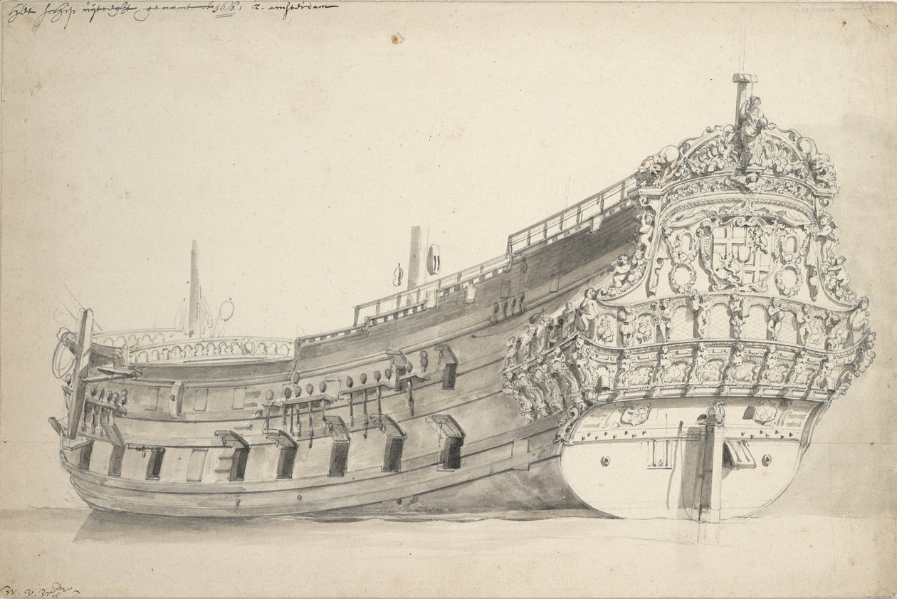 Retrato de la "Provincie van Utrecht". Construido en 1663. Última mención 1696., c.1665 (grafito, aguada gris) de Willem van de Velde the Younger
