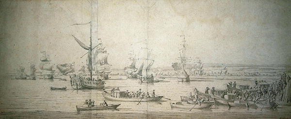 La llegada de James, duque de York, en el yate real en Chatham, para lanzar el buque de guerra de primera clase 