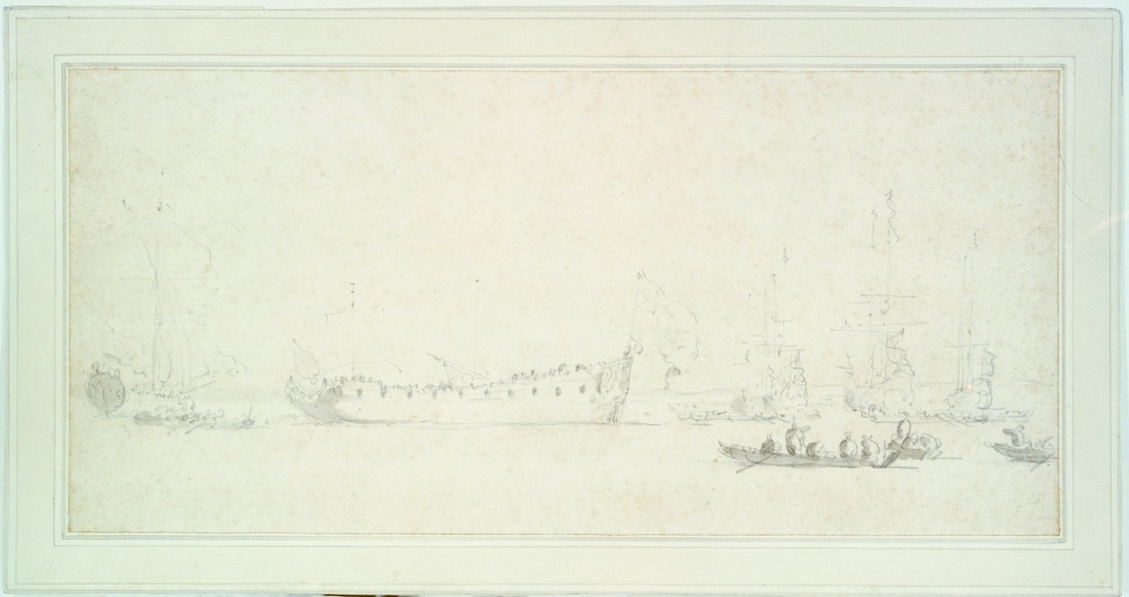 La botadura de un barco inglés, probablemente el "James Galley", c.1676 (grafito y aguada, gris) de Willem van de Velde the Younger