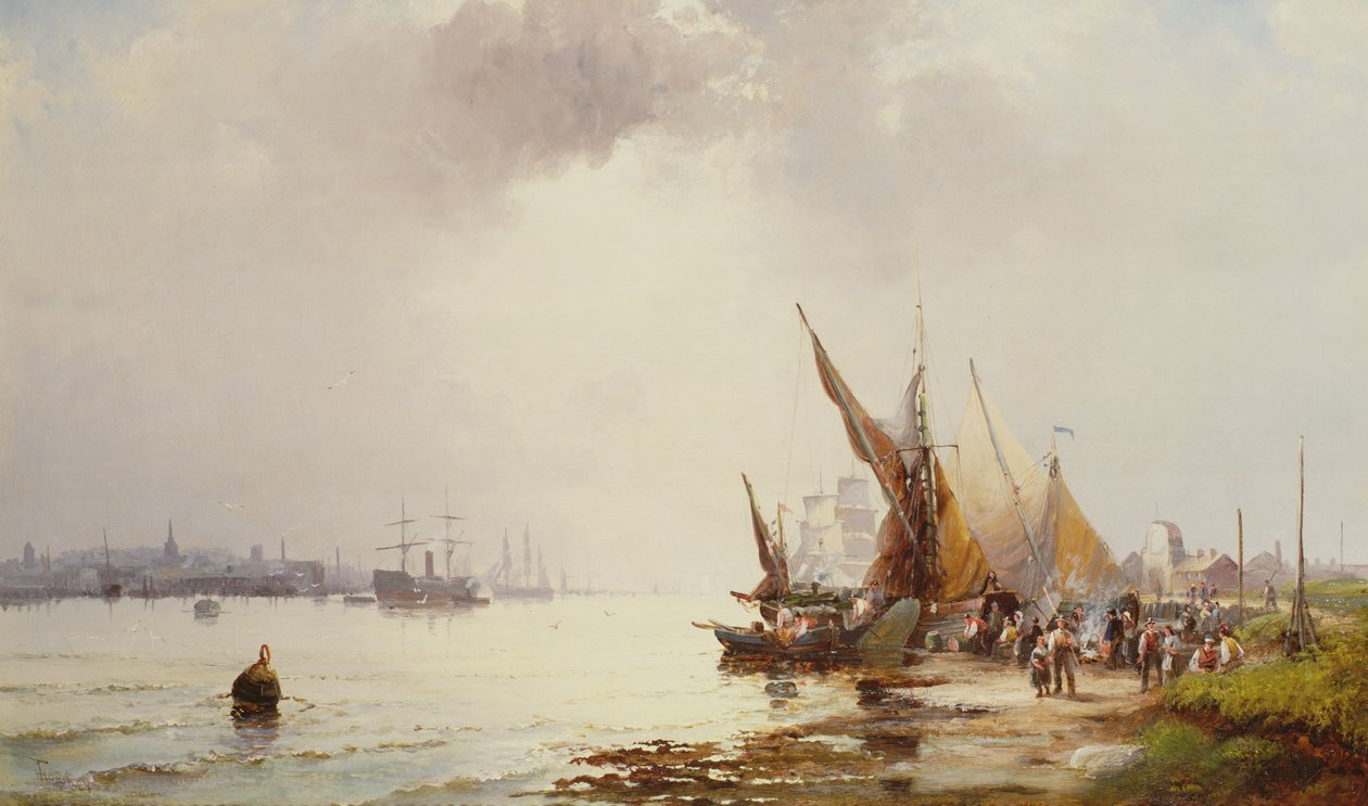 Pescadores en la orilla en un estuario tranquilo al amanecer, siglo XIX de William Anslow Thornley