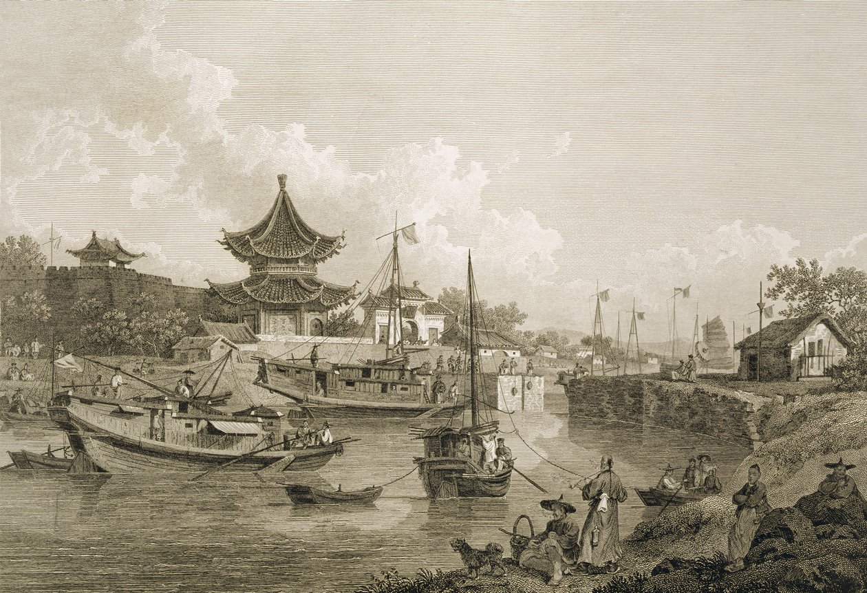 Barcazas chinas de la embajada pasando por una esclusa del Gran Canal, grabado por Benjamin Thomas Pouncy, publicado por G. Nicol, 1796 de William Alexander