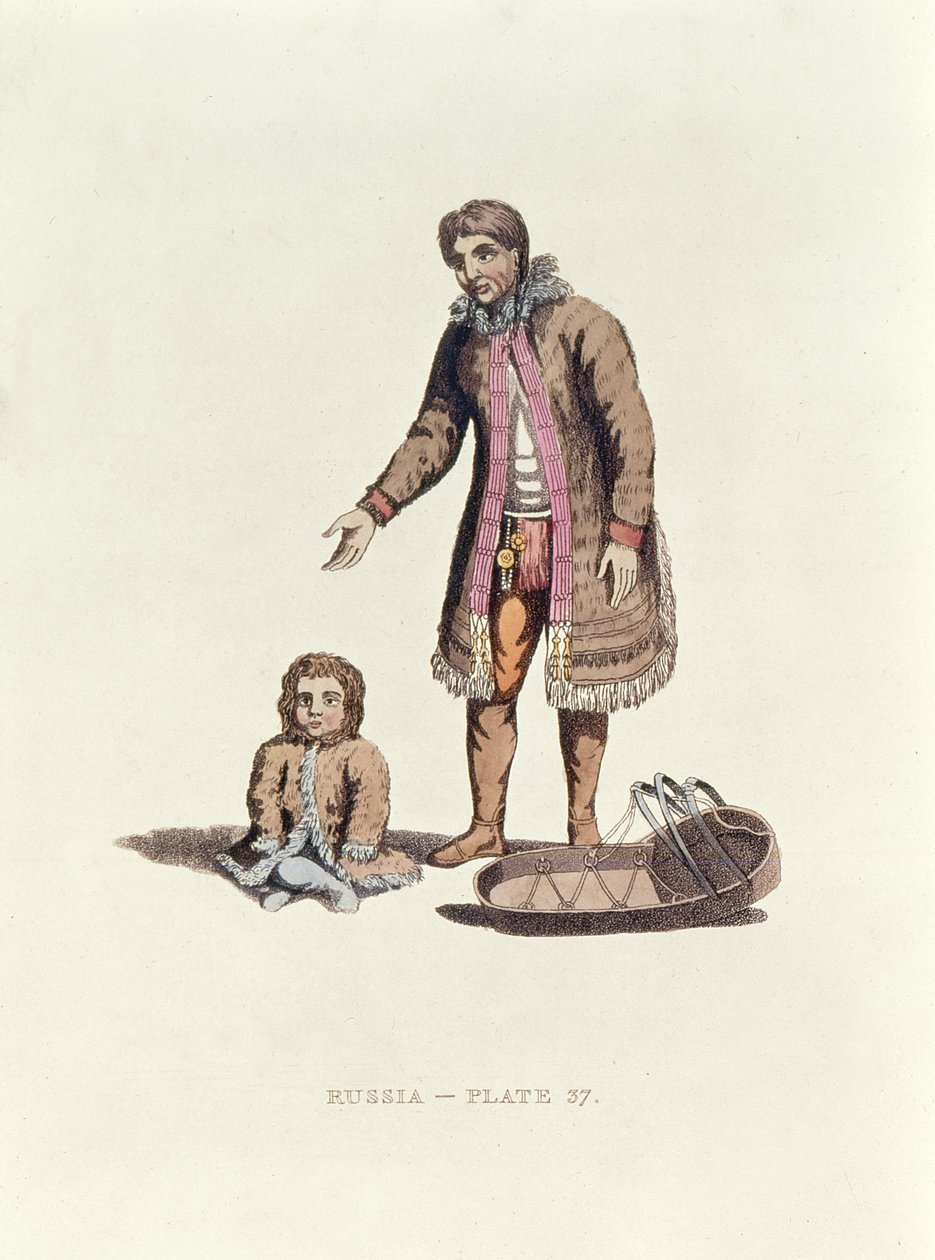 Mujer Samoyedo con su bebé y una cuna de Dress of the Russians, 1814 de William Alexander
