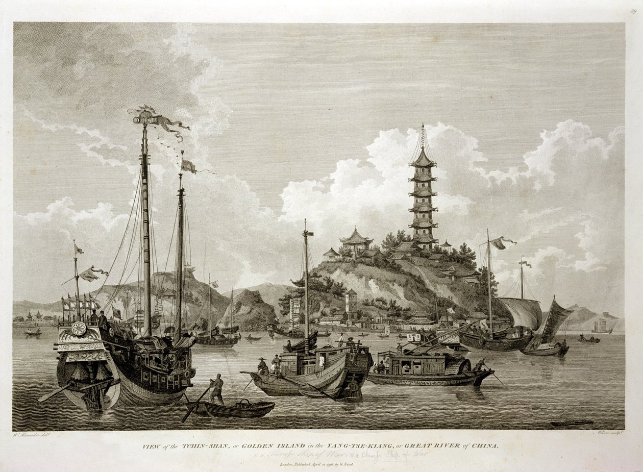 Vista de Tchin Shan, o Isla Dorada, en el Yang-tse Kiang, o Gran Río de China, grabado por Wilson, pub. por G. Nicol, 1796 de William Alexander