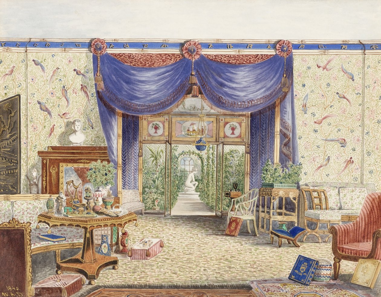 El interior de la sala china, mirando hacia el invernadero, Middleton Park, Oxfordshire de William Alfred Delamotte