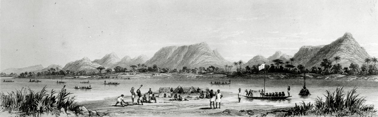 Montañas y canoas de mercado cerca de Bokwen, de 