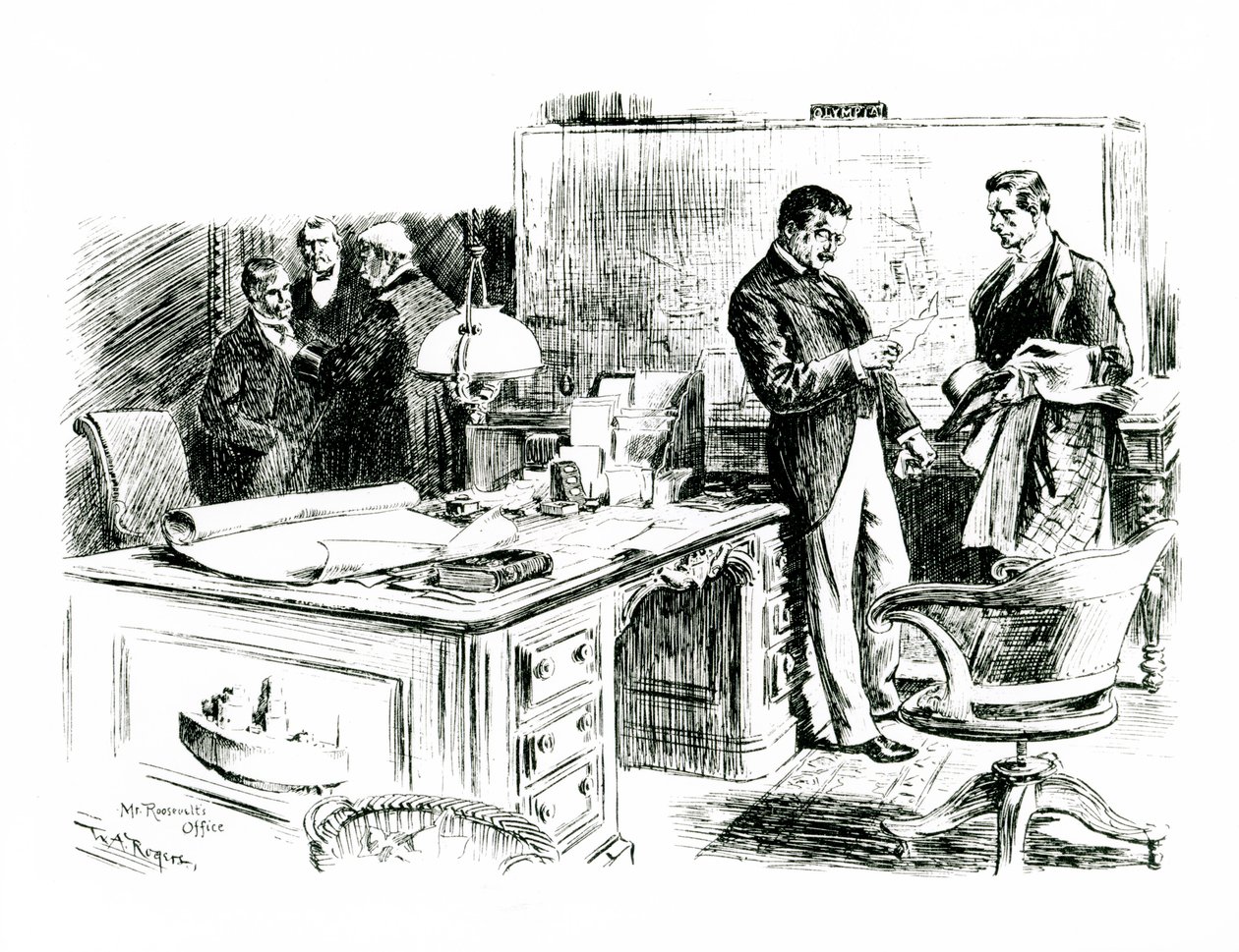 El senador Lodge y el subsecretario de Estado en la oficina del presidente Roosevelt discutiendo la invasión de las Islas Filipinas de William Allen after Rogers