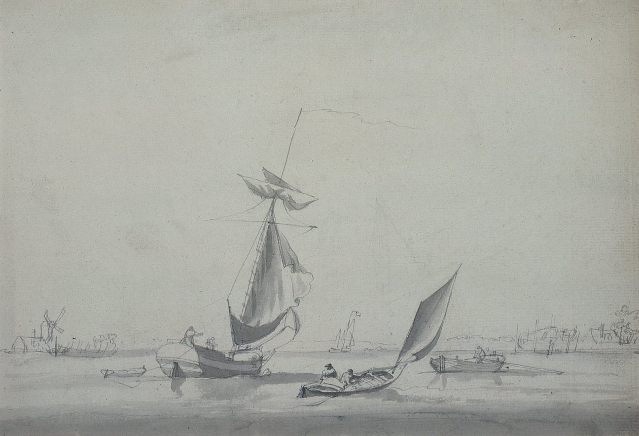 Barcos de pesca: costa baja, con un molino de viento a la izquierda de William Anderson