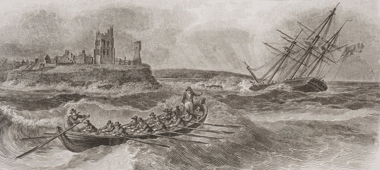 Bote salvavidas remando al rescate de un barco a la deriva, grabado por Thomas Milton, 1820 de William Anderson