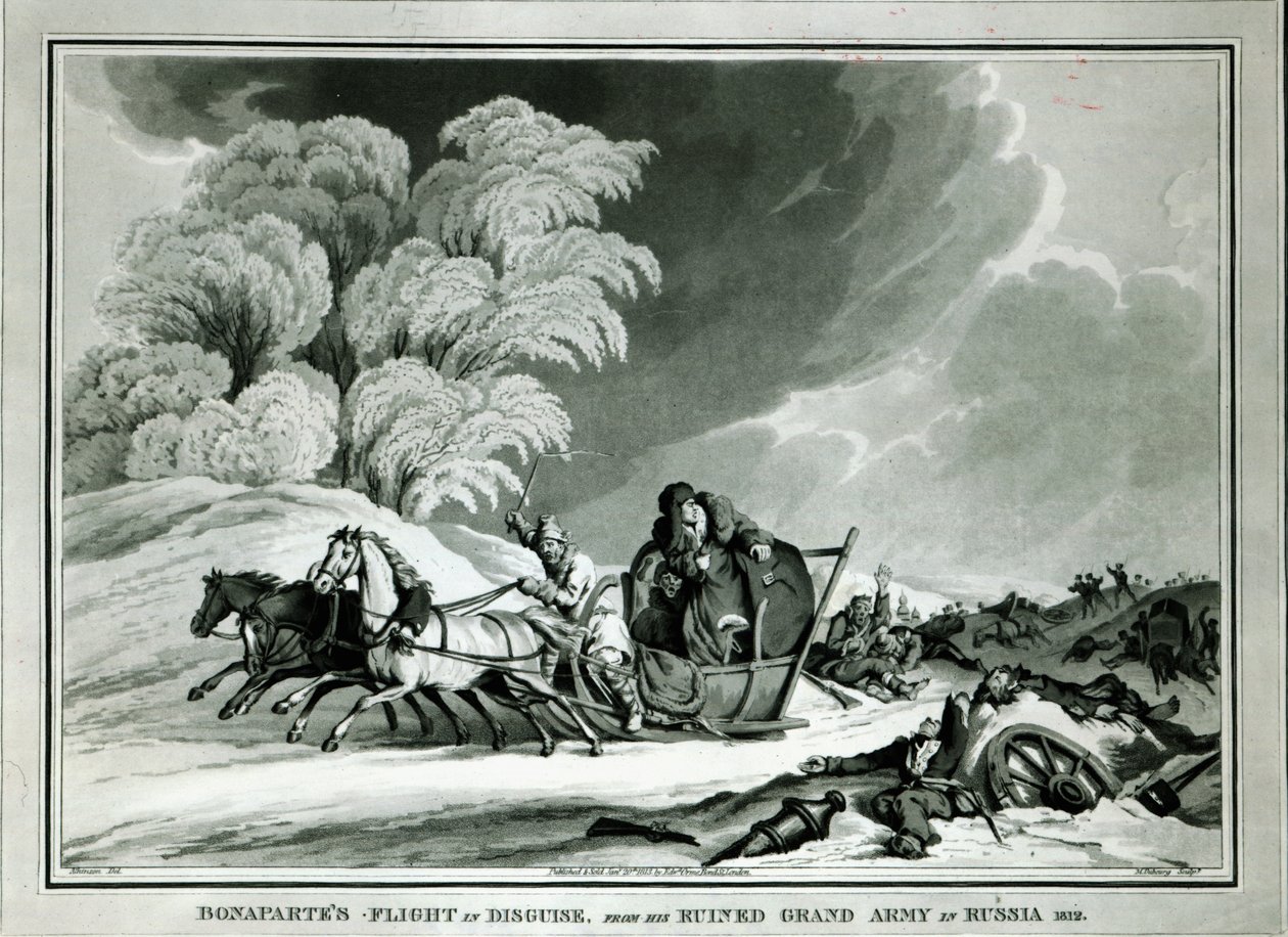 Napoleón disfrazado durante la retirada de Rusia en 1812 (aguafuerte) de William Atkinson