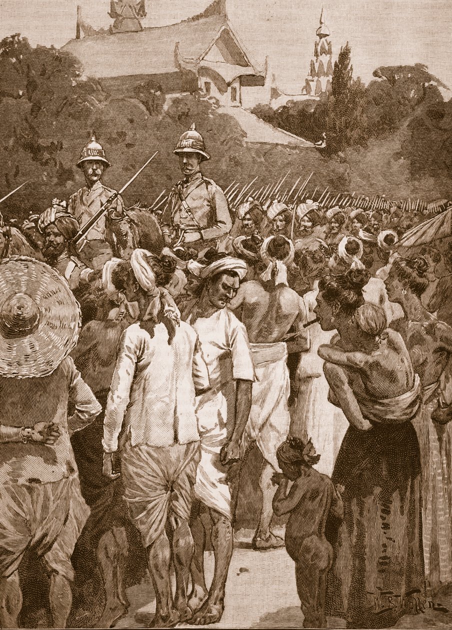 Las fuerzas británicas entrando en Mandalay, 1885, ilustración de 