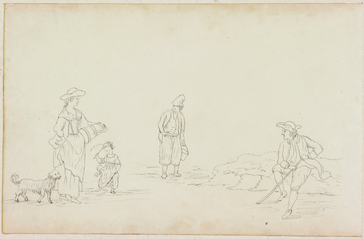 Mujer con remolcador, niño y dos hombres de William Beilby