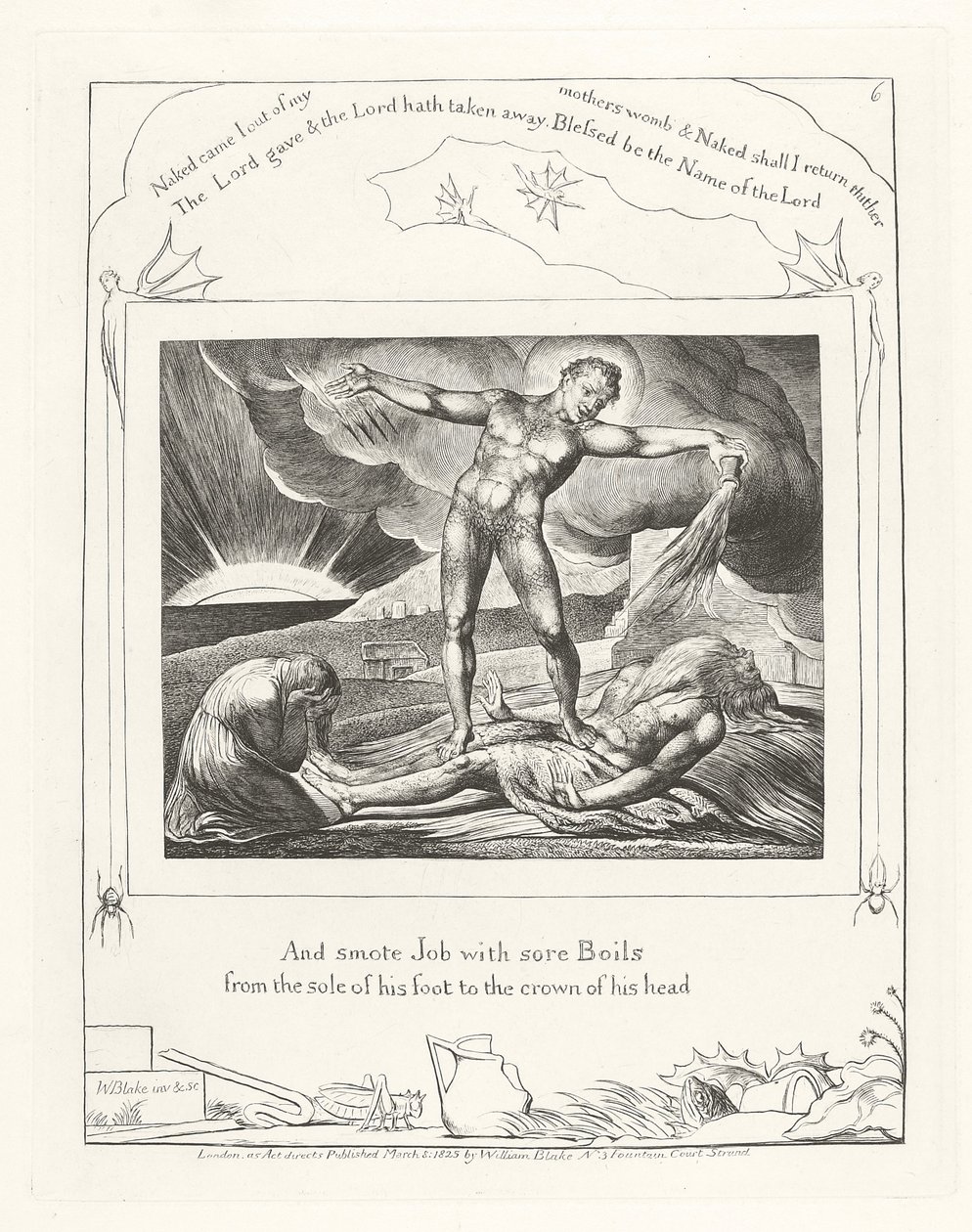 Y golpeó a Job con llagas desde la planta del pie hasta la coronilla, 1825 de William Blake