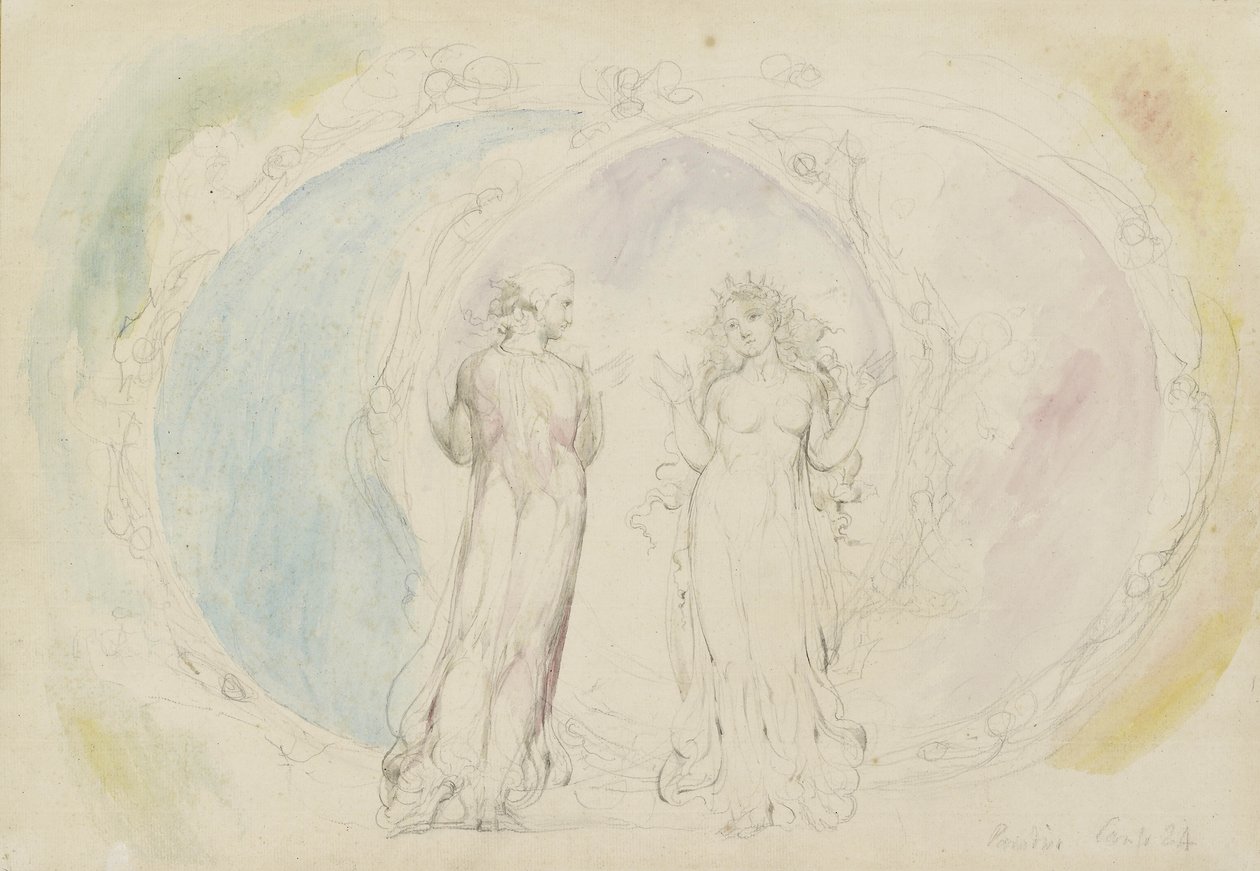Beatriz y Dante en Géminis, en medio de esferas de llamas, ilustración de la 