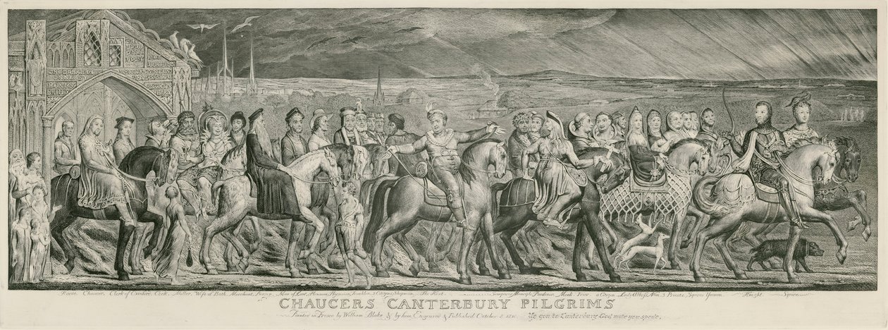 Grabado de los peregrinos de Canterbury de Blake de William Blake