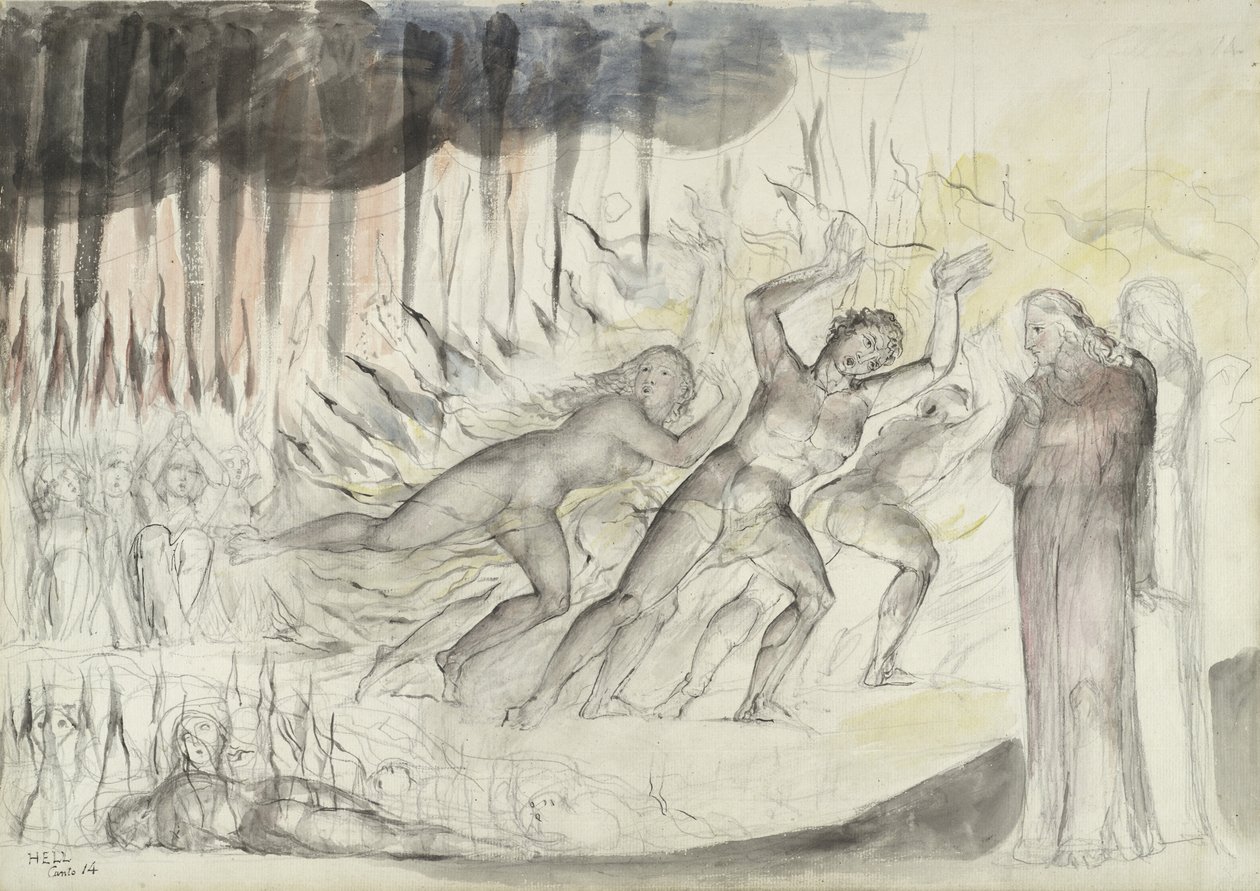 Dante y Virgilio entre los Blasfemos, ilustración de la Divina Comedia de Dante Alighieri, 1824-27 de William Blake
