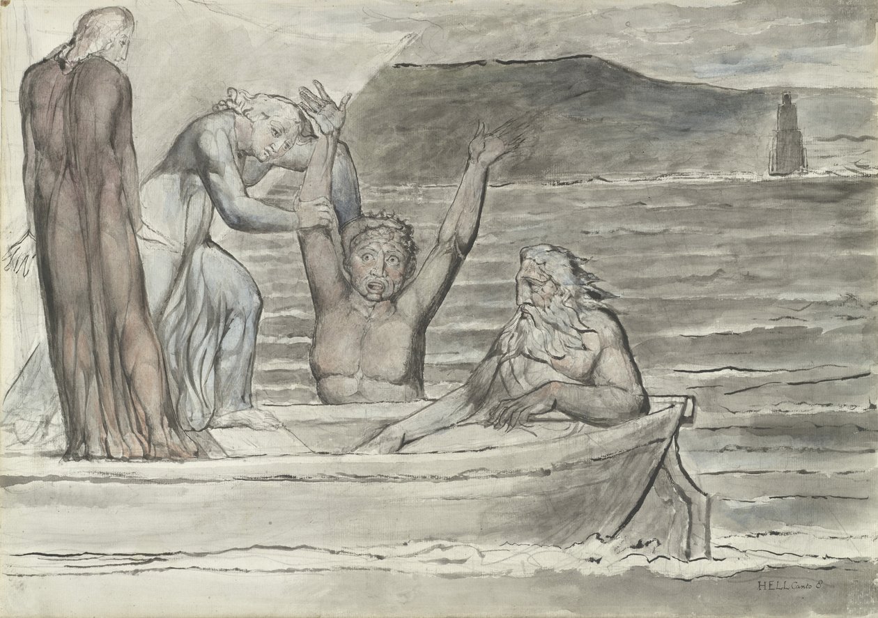 Dante y Virgilio en la Barca de Flegias son saludados por Filippo Argenti, ilustración de la Divina Comedia de Dante Alighieri, 1824-27 de William Blake