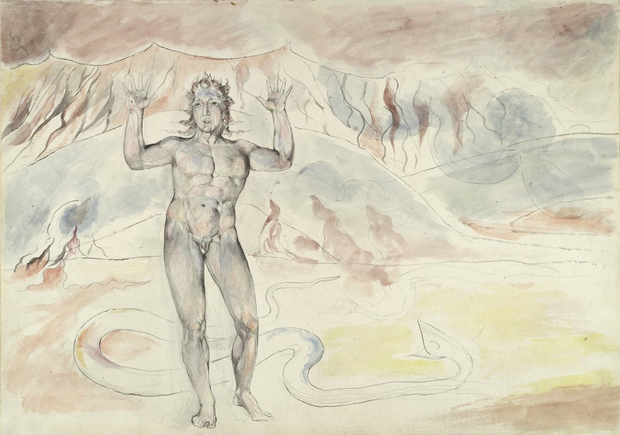 Donati transformado en serpiente; Francesco de Cavalcanti retransformedo en hombre, ilustración de la Divina Comedia de Dante Alighieri, 1824-27 de William Blake