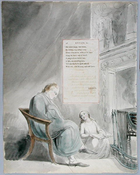 Epitafio sobre la Sra. Clarke, diseño 104 de Los Poemas de Thomas Gray, 1797-98 de William Blake