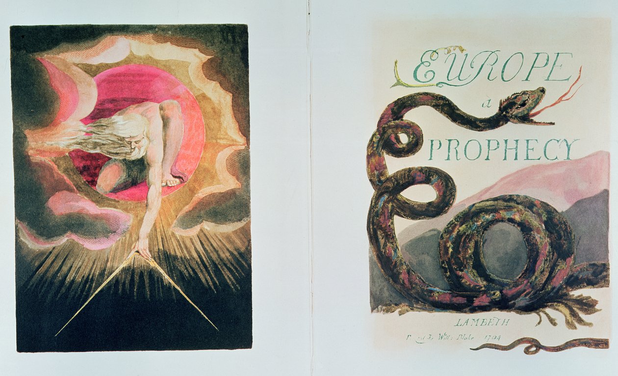 Europa una Profecía; Frontispicio y página de título de izquierda a derecha; Dios Creando el Universo (La Creación del Mundo Material por Jehová en la figura de Urizen, la encarnación de la razón sin imaginación) de William Blake
