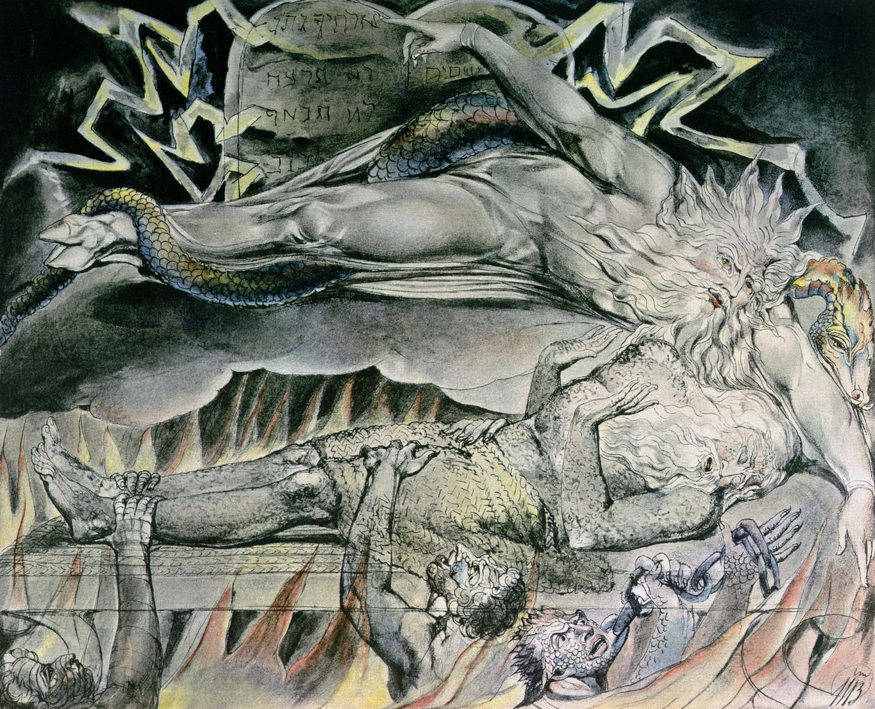 Ilustraciones del Libro de Job; Los sueños malignos de Job, mostrando al Dios de Job, que se ha convertido en Satanás con pezuña hendida y entrelazado por una serpiente, señalando las Tablas Mosaicas de la Ley, 1825 de William Blake
