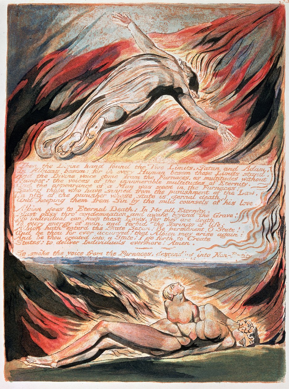 Jerusalén La Emancipación del Gigante Albión; Luego la Mano Divina mostrando a Cristo elevándose sobre Albión dentro de cuyo seno la Mano Divina encontró los Dos Límites, Satanás y Adán, 1804 (grabado en relieve) de William Blake