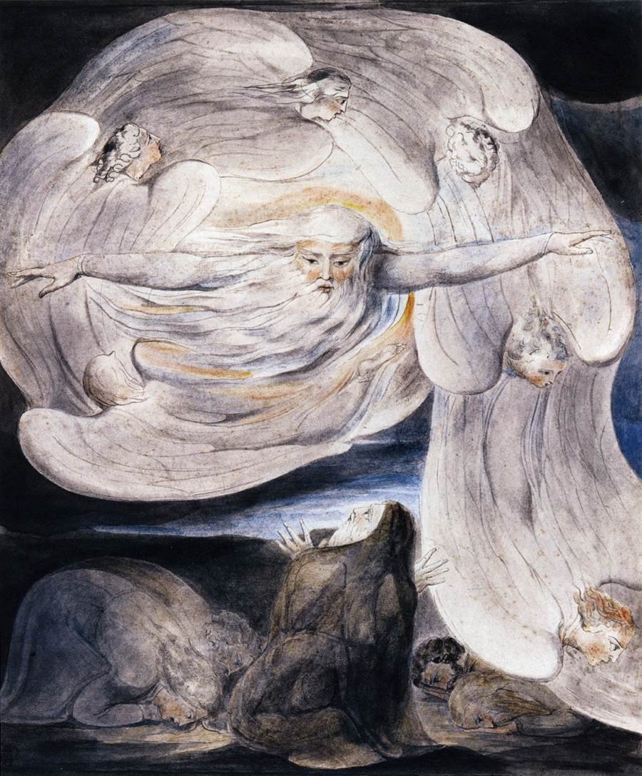 Job confesando su presunción a Dios que responde desde el torbellino de William Blake