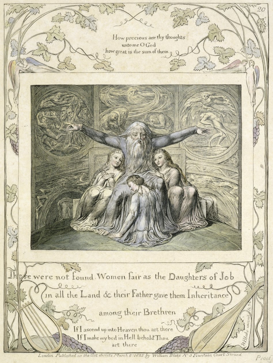 Job y sus hijas (pl.20) del Libro de Job, c.1793 (grabado en línea tintado a mano) de William Blake