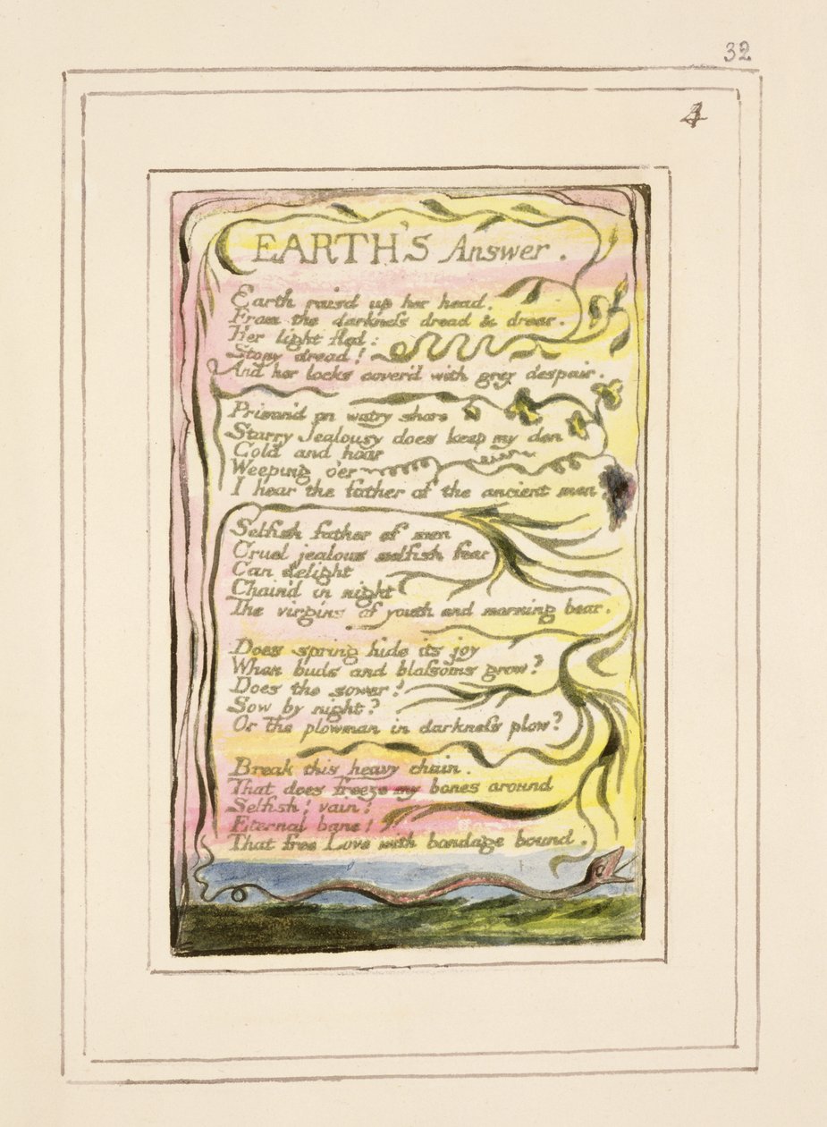 P.124-1950.pt32 La respuesta de la Tierra: placa 32 de Canciones de Inocencia y de Experiencia (copia R) c.1802-08 de William Blake