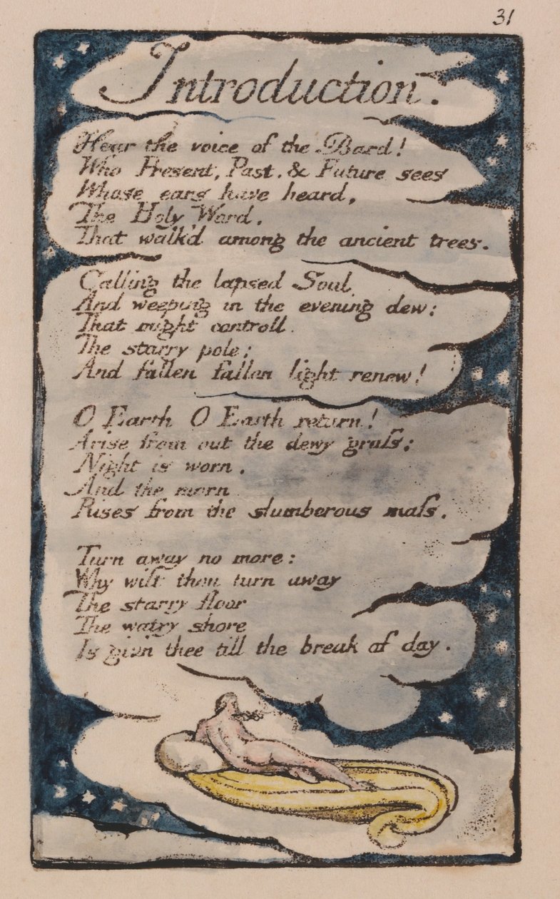Canciones de inocencia y de experiencia, placa 31, Introducción (Bentley 30) de William Blake