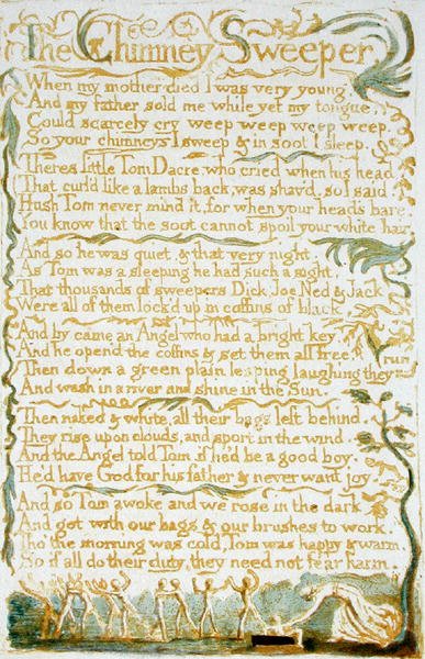 El deshollinador, placa 13 de Canciones de Inocencia, 1789 de William Blake