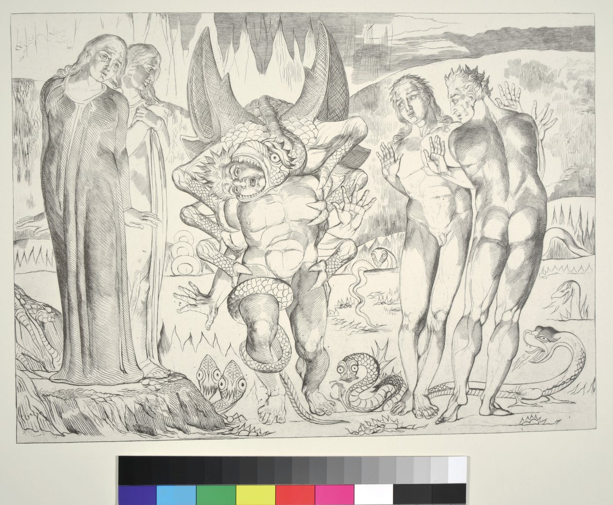 El círculo de los ladrones: Agnolo Brunelleschi atacado por una serpiente de seis patas, Infierno, Canto XXV, ilustración de la 