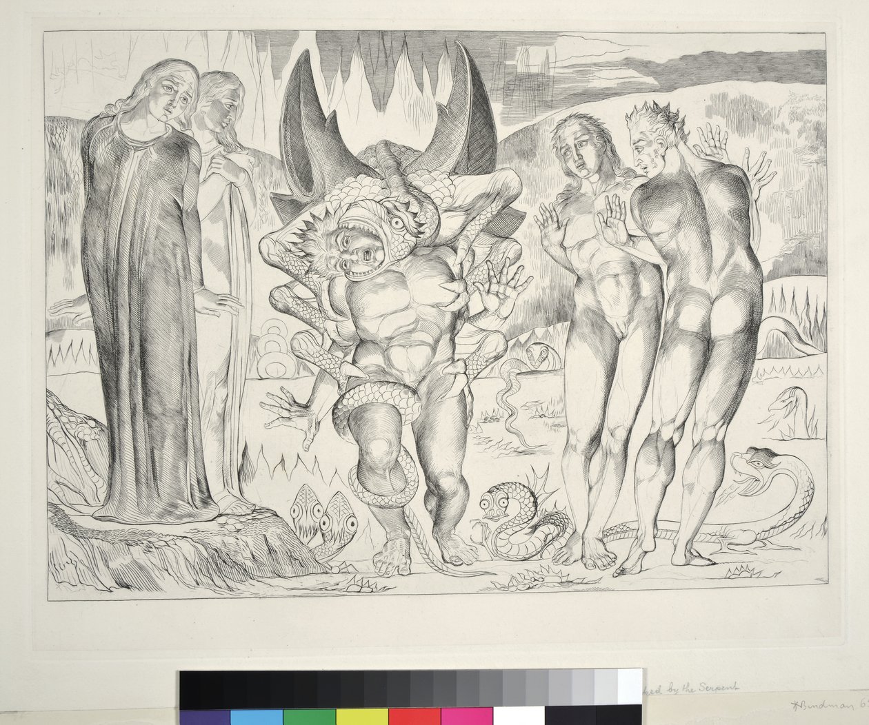 El círculo de los ladrones: Agnolo Brunelleschi atacado por una serpiente de seis patas, Infierno, Canto XXV, ilustración de la 