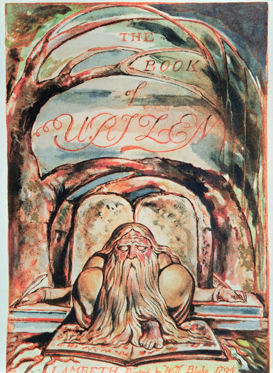 El primer libro de Urizen; página del título, mostrando a Urizen (representando la encarnación de la razón no iluminada) sentado bajo el Árbol del Misterio escribiendo 