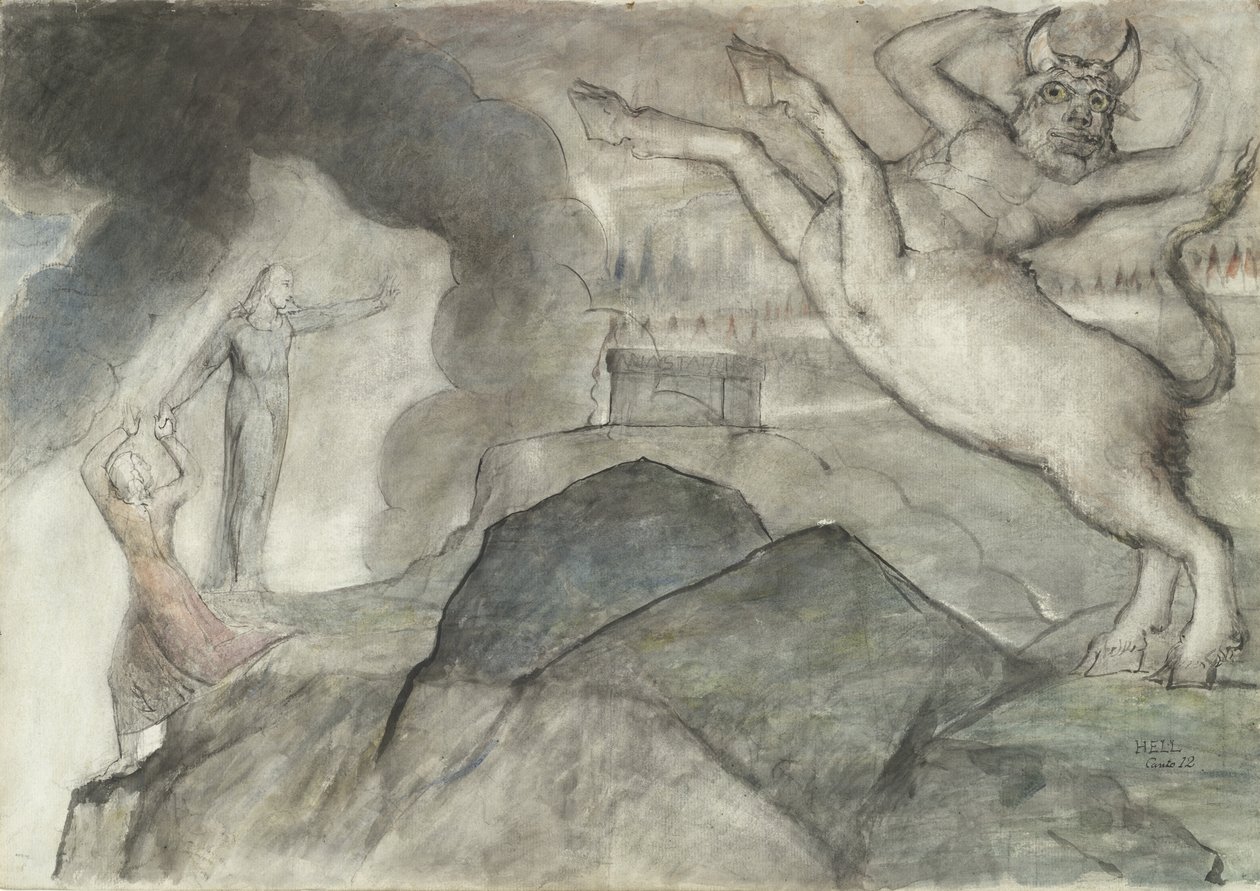 El Minotauro, ilustración de la Divina Comedia de Dante Alighieri, 1824-27 de William Blake