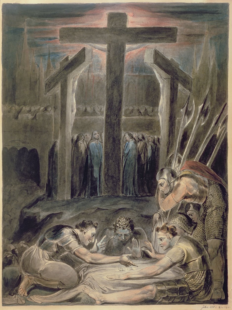Los soldados sortean las vestiduras de Cristo, 1800 de William Blake