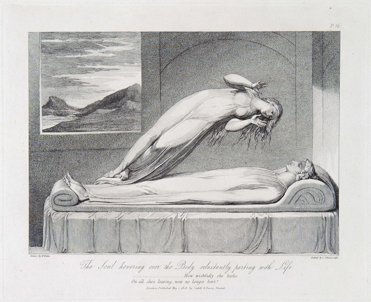El alma sobrevolando el cuerpo que se separa de la vida a regañadientes de William Blake