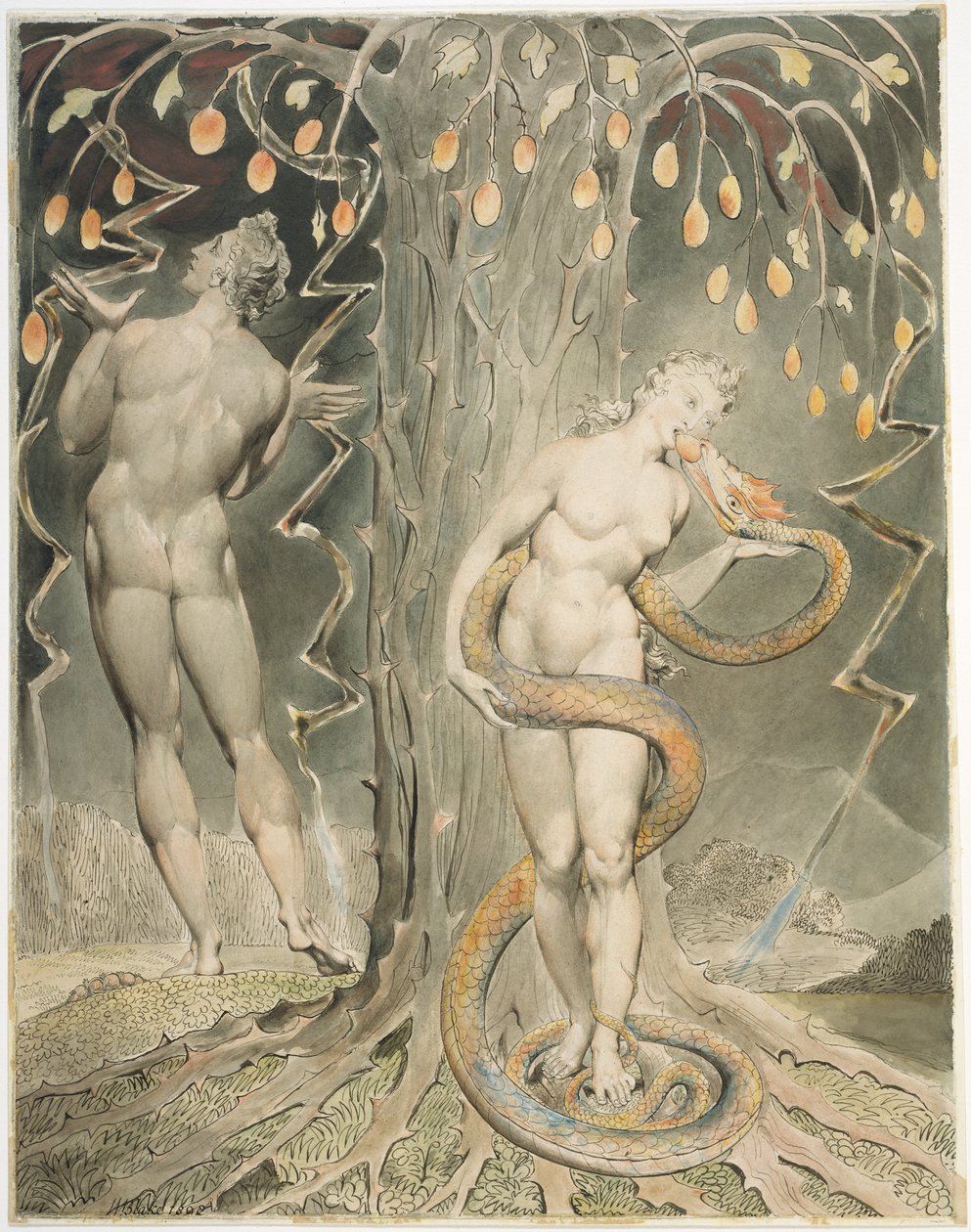 La Tentación y Caída de Eva, Ilustración del Paraíso Perdido de Milton de William Blake