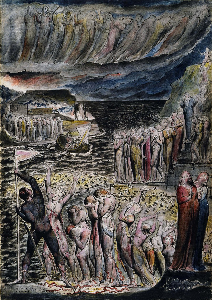 El vestíbulo del infierno y las almas preparándose para cruzar el Aqueronte de William Blake