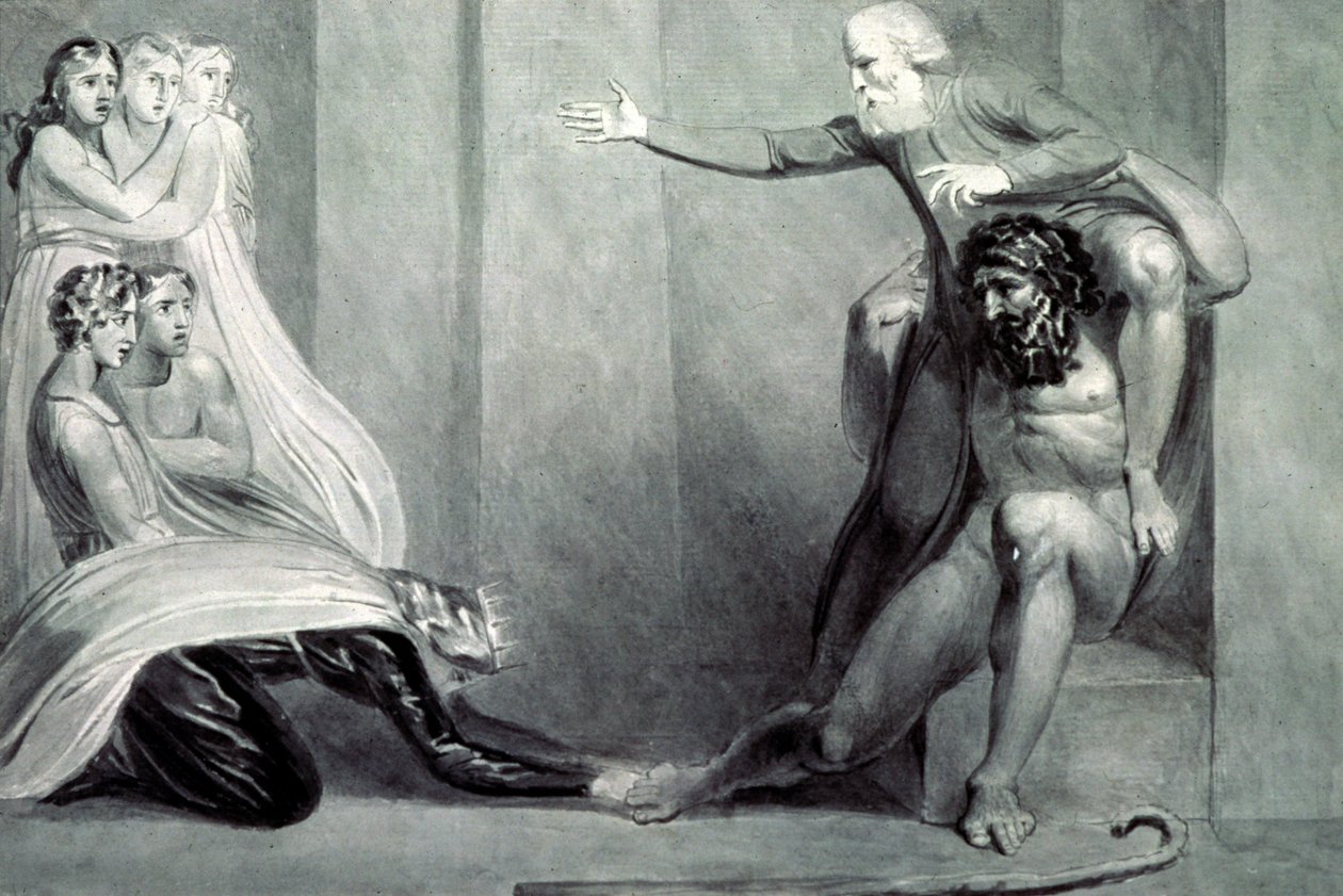 Tiriel, llevado de vuelta al Palacio sobre los Hombros de su Hermano Ijim, dirigiéndose a sus cinco Hijas de William Blake