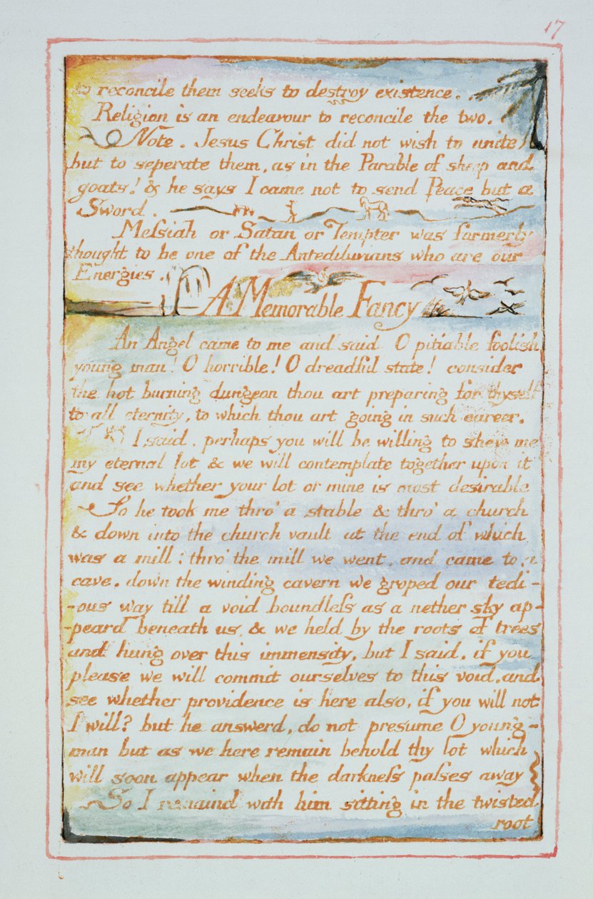 Para reconciliarlos busca destruir la existencia..., texto de El matrimonio del cielo y el infierno, c.1790-3 de William Blake