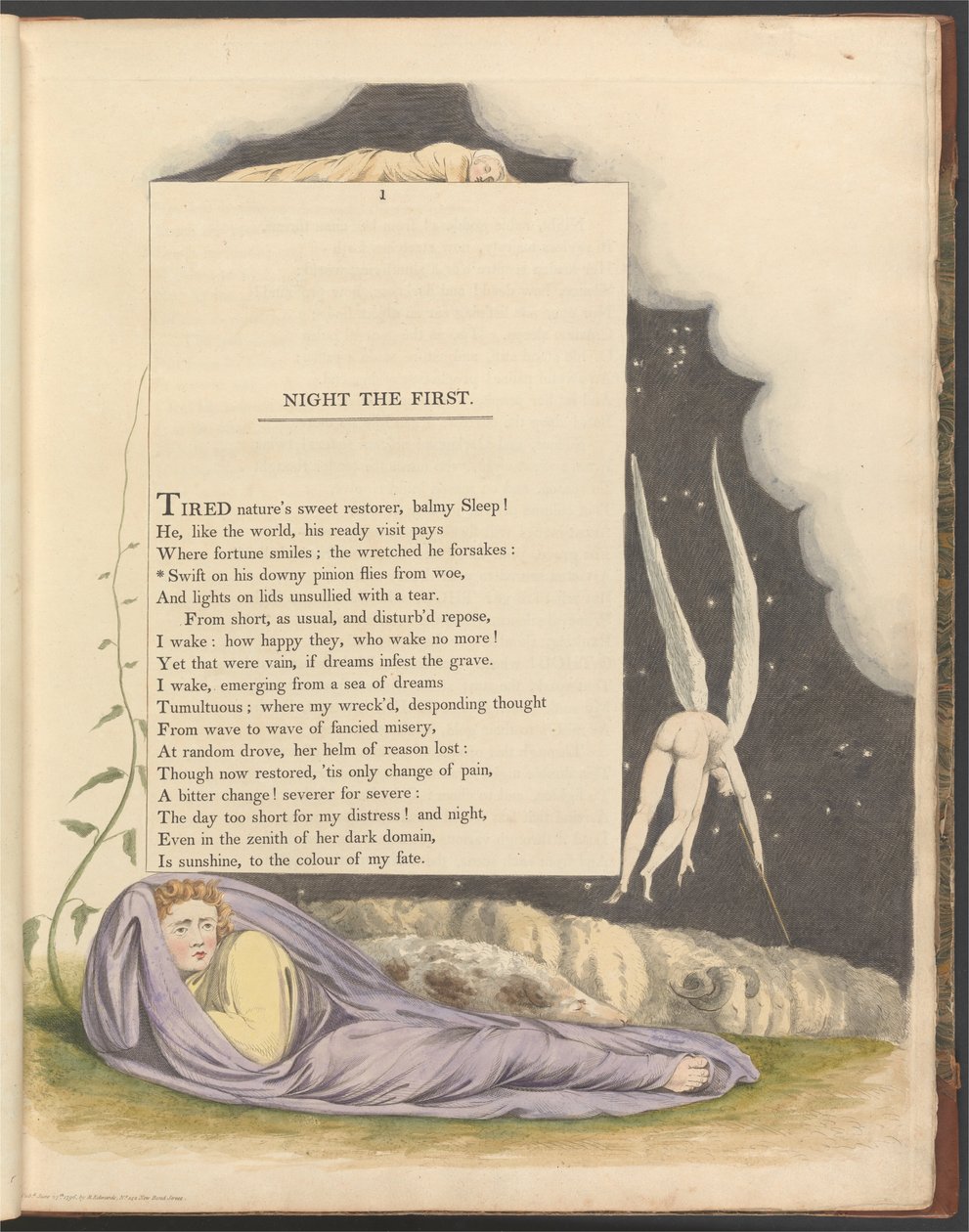 Pensamientos Nocturnos de Young, Página 1, Rápido en su Pluma Suave Vuela del Dolor de William Blake