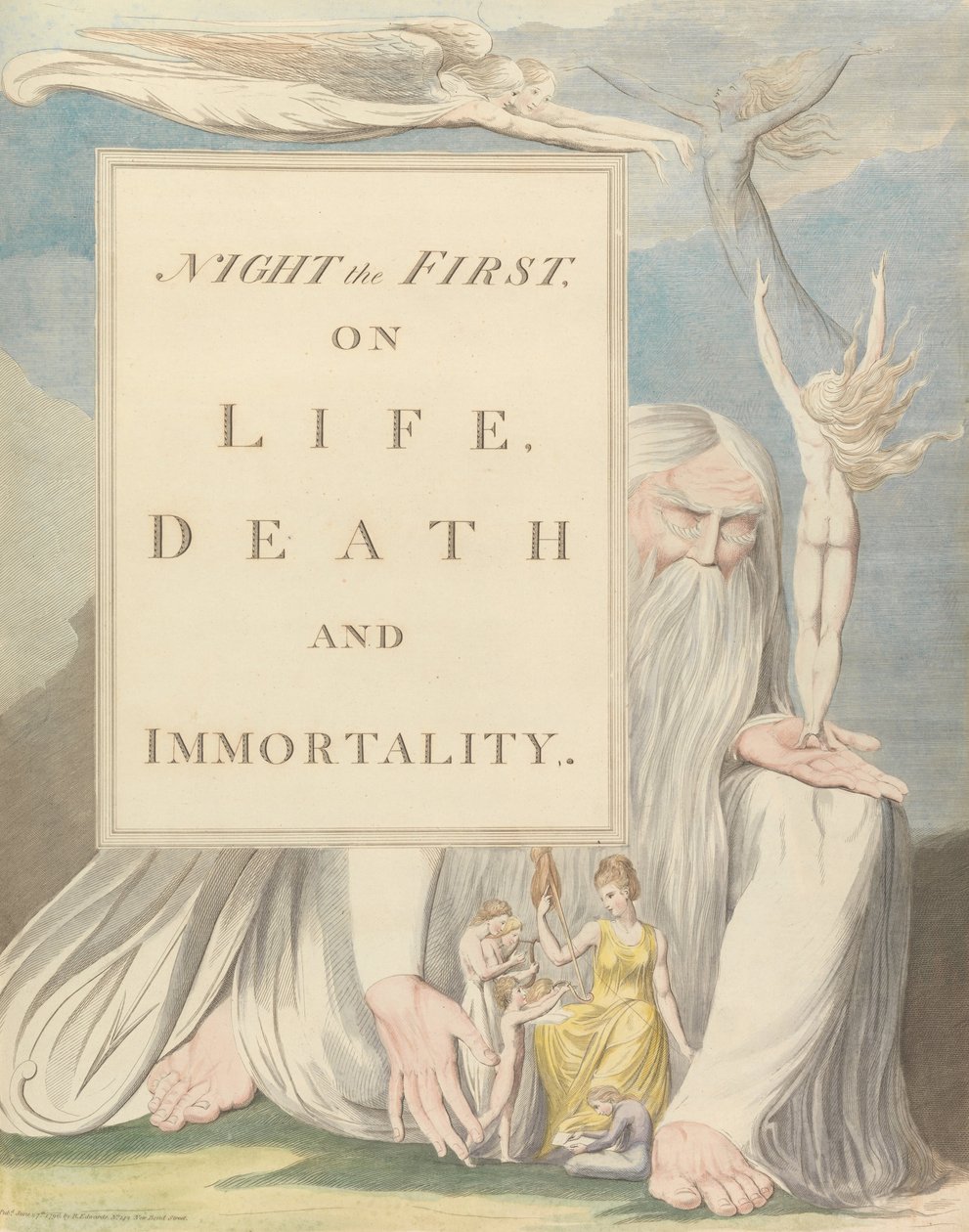 Pensamientos Nocturnos de Young, Página del Título, Noche la Primera, Sobre la Vida, la Muerte y la Inmortalidad de William Blake