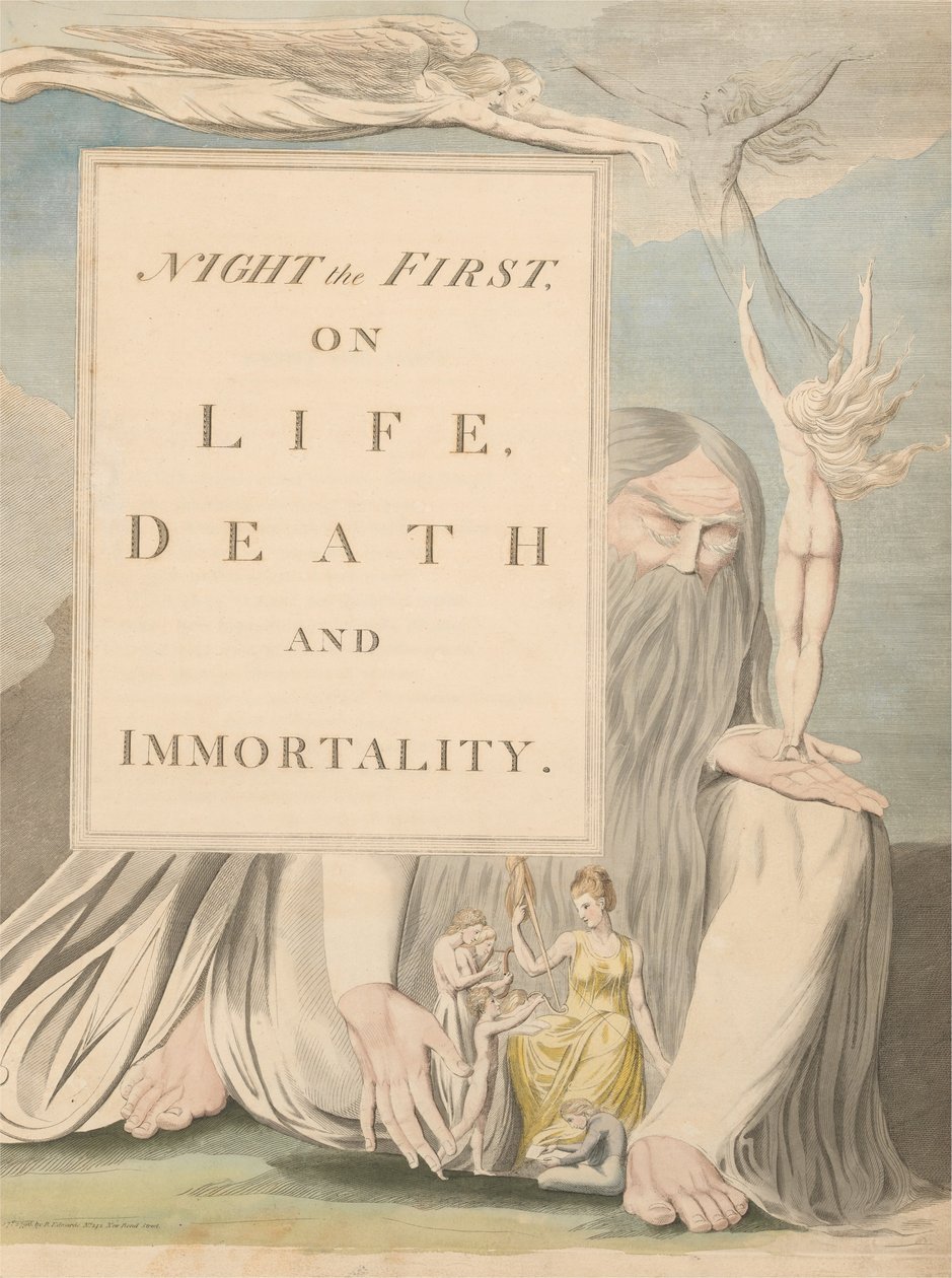 Pensamientos Nocturnos de Young, Página de Título, Noche la Primera, sobre la Vida, la Muerte y la Inmortalidad de William Blake