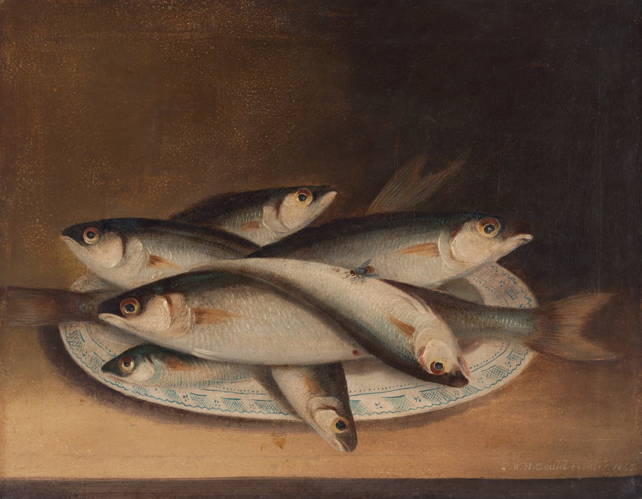Pescado en un plato azul y blanco de William Buelow Gould