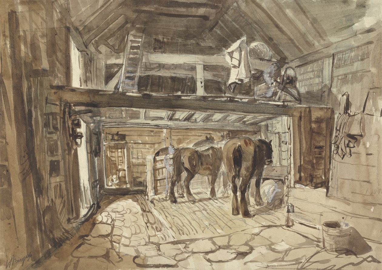Interior de un Establo, con Dos Caballos Alimentándose de Henry William Burgess