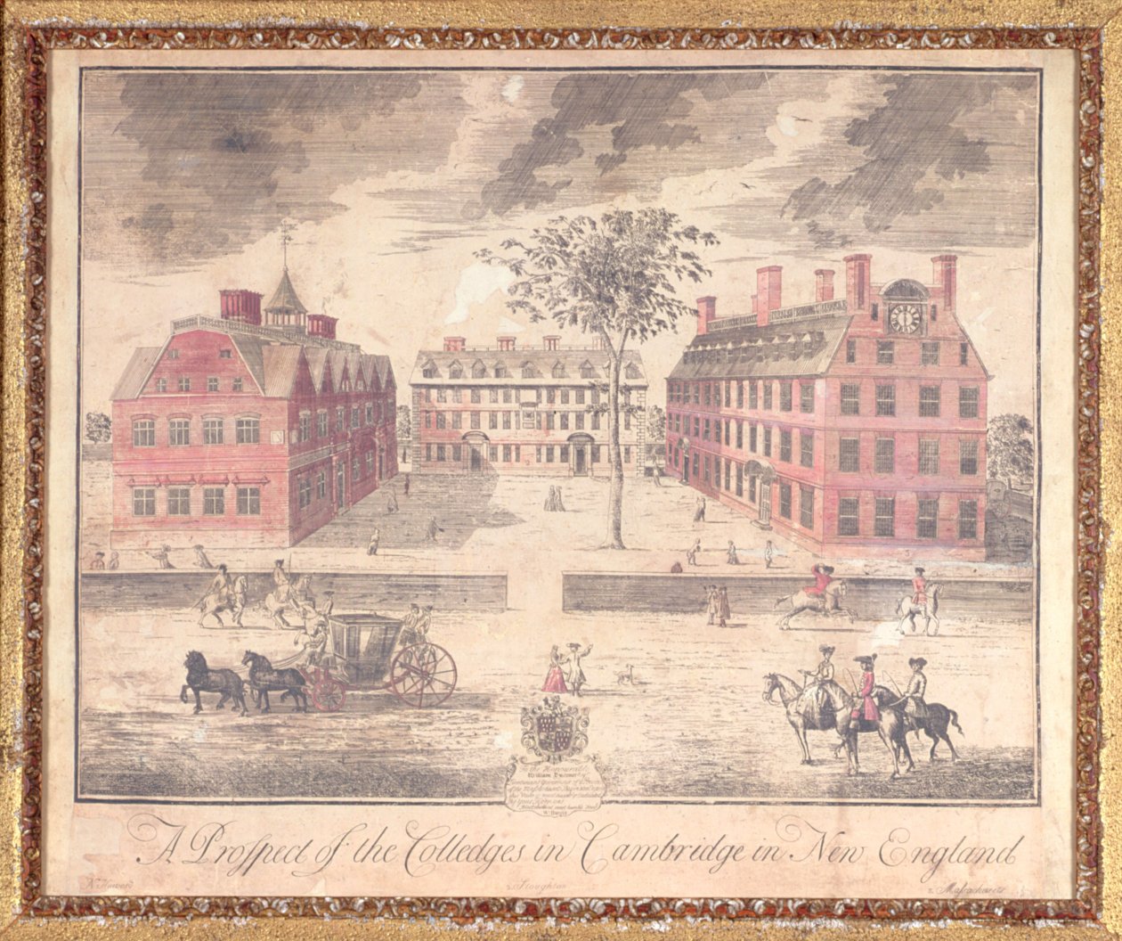 Una perspectiva de los colegios en Cambridge en Nueva Inglaterra, grabado atribuido a John Harris, 1726 de William Burgis