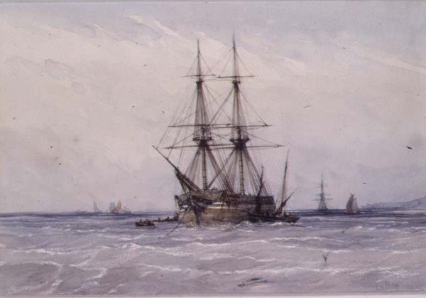 Bergantín anclado y botes al lado de William Callow