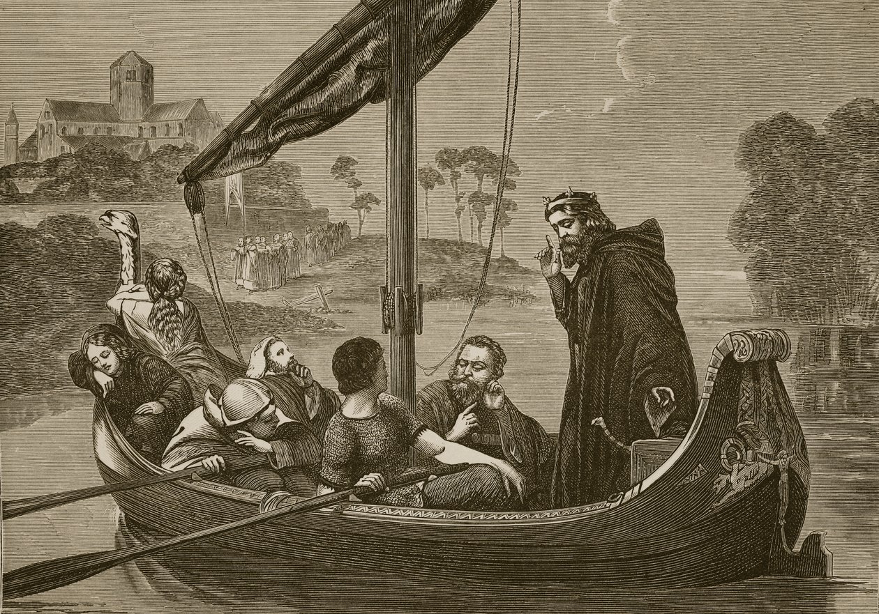 Canuto en el río Nene escuchando al coro de Ely Minster, grabado por F. Wentworth de William Cave Thomas